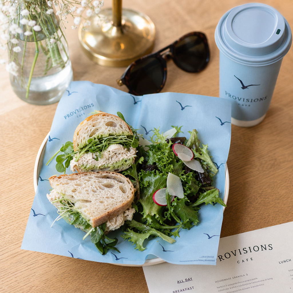 Provisions Cafe dine-in food service with branded paper and coastal table setting
