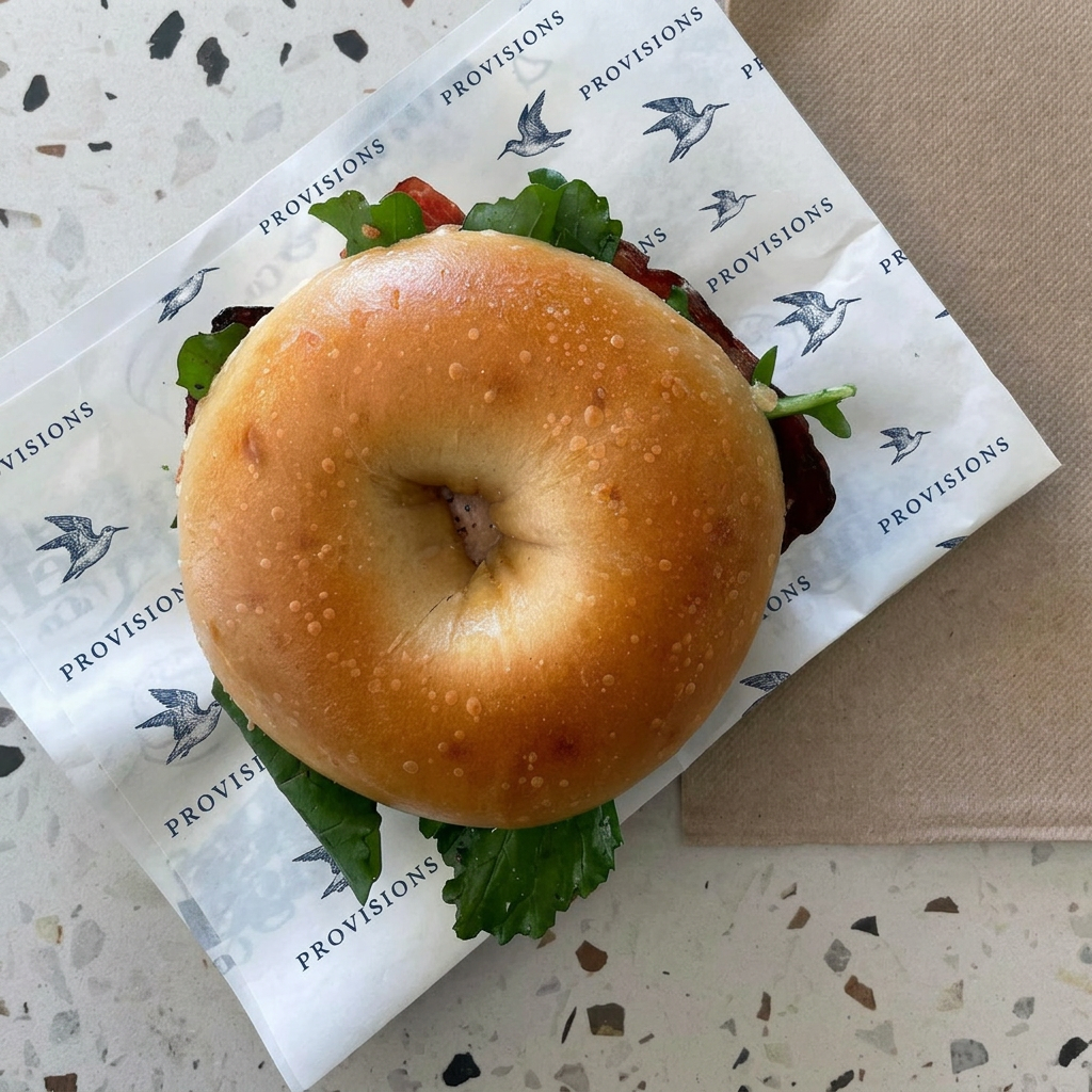 Bagel served on Provisions branded greaseproof paper