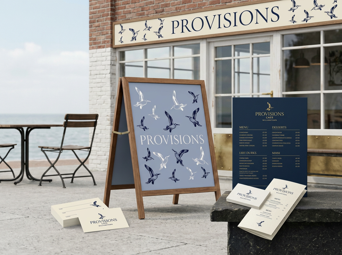 Provisions Cafe storefront, pavement sign, menu and stationery using the original bird identity