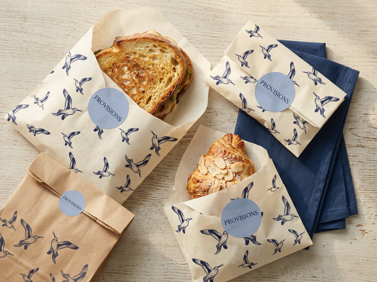 Provisions Cafe branded butter paper, sandwich wrap, pastry bag and stickers